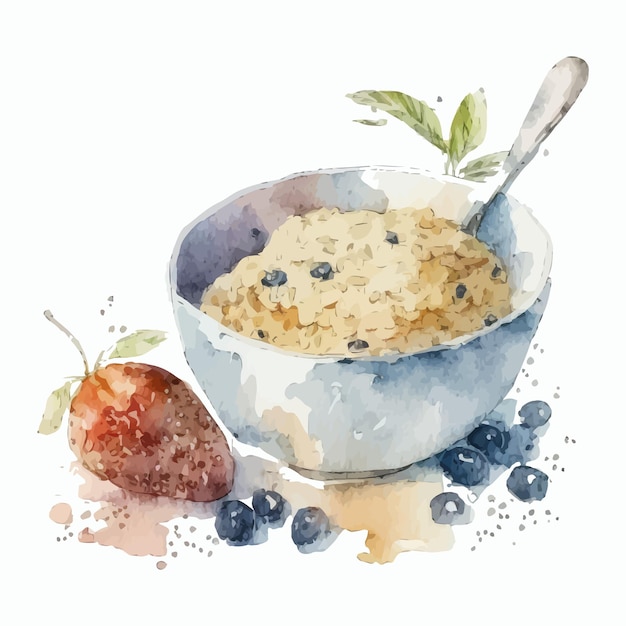 Watercolor hand drawn breakfast illustration of oatmeal Handdrawn illustration isolated on white background in boho style