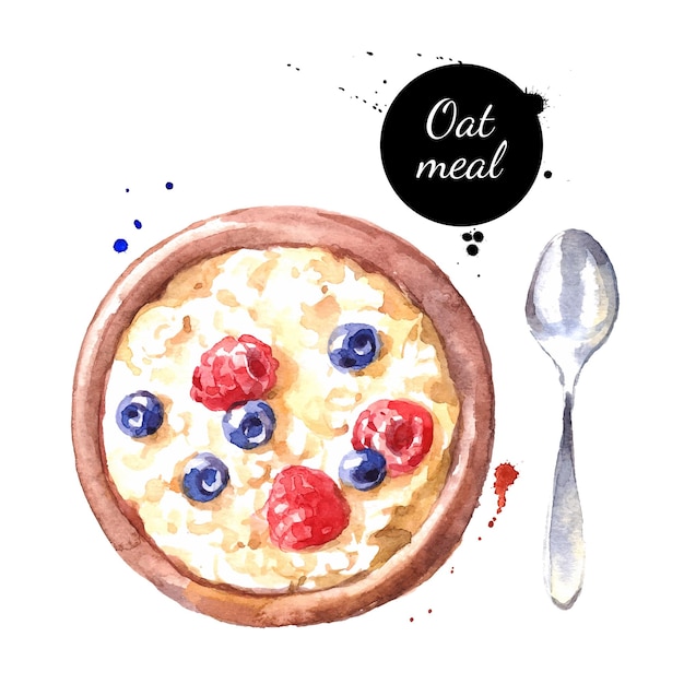 Vector watercolor hand drawn breakfast illustration of oatmeal vector painted sketch food isolated