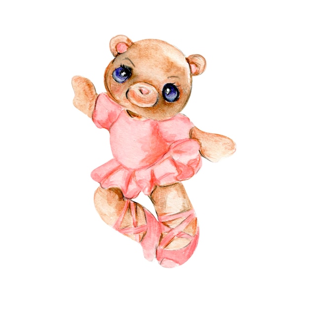 Акварель, нарисованная балериной бурого медведя в розовом платье. Милые танцующие мышки