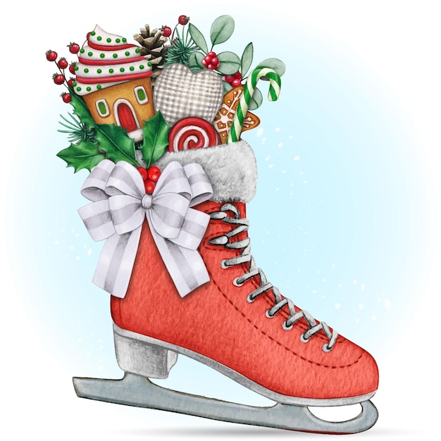 Watercolor hand drawn christmas decorated ice skate