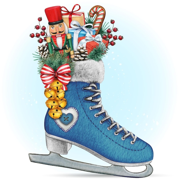 Watercolor hand drawn christmas decorated ice skate