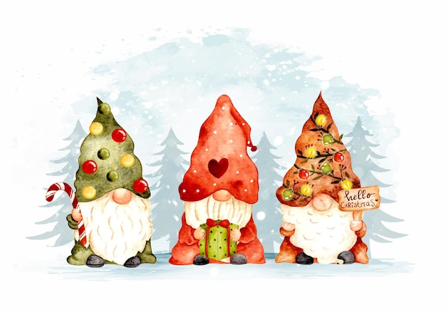 Watercolor hand drawn Christmas gnomes