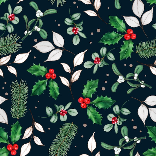 Watercolor hand drawn christmas leaves and berries  pattern