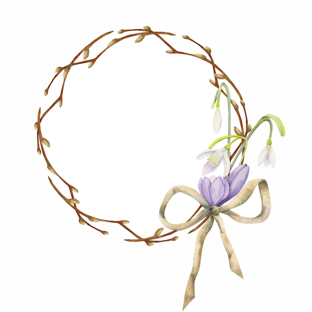 Watercolor hand drawn circle wreath with spring flowers daffodils crocus snowdrops branches Isolated on white background Design for invitations wedding greeting cards wallpaper print textile