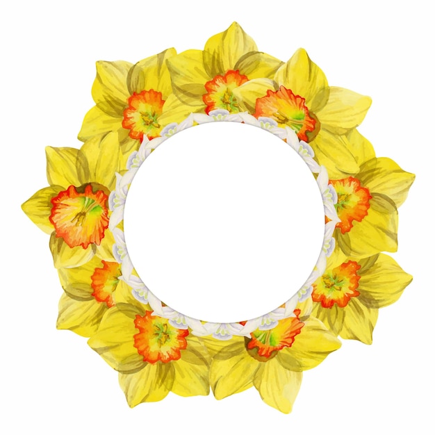 Watercolor hand drawn circle wreath with spring flowers daffodils crocus snowdrops leaves Isolated on white background Design for invitations wedding greeting cards wallpaper print textile