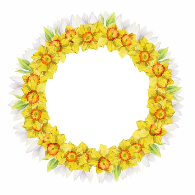 Watercolor hand drawn circle wreath with spring flowers daffodils crocus snowdrops leaves Isolated on white background Design for invitations wedding greeting cards wallpaper print textile