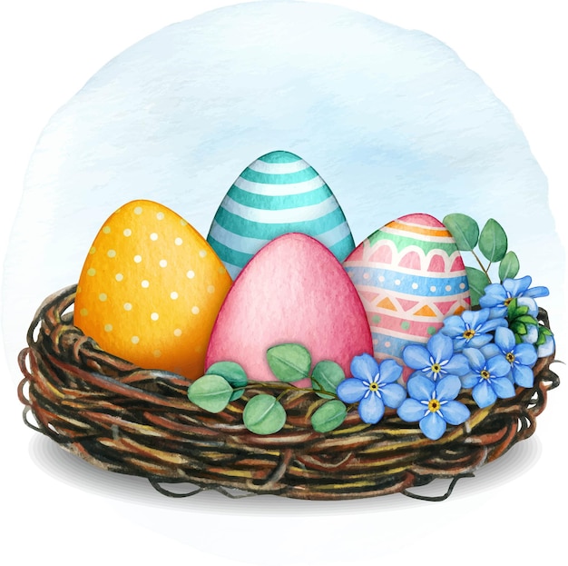 Watercolor hand drawn colorful easter nest