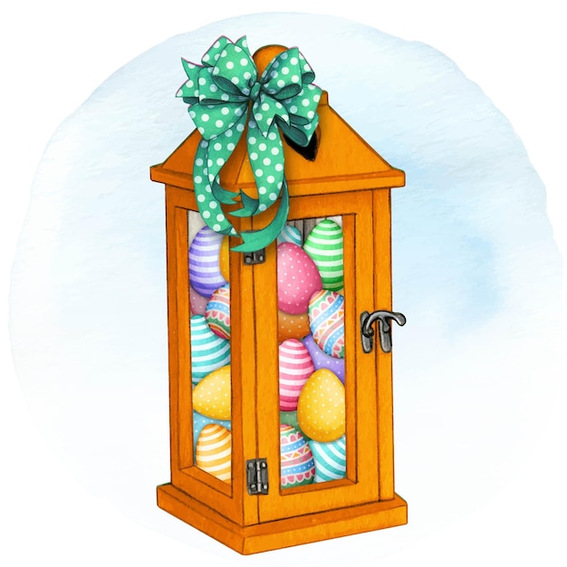 watercolor hand drawn colorful lantern full of easter eggs