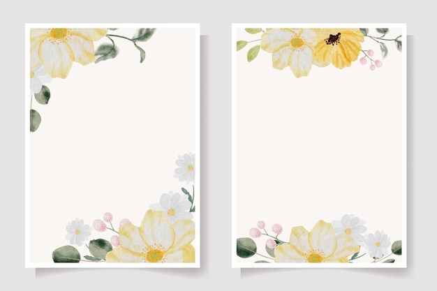 Watercolor hand drawn colorful spring flower and green leaf card template collection