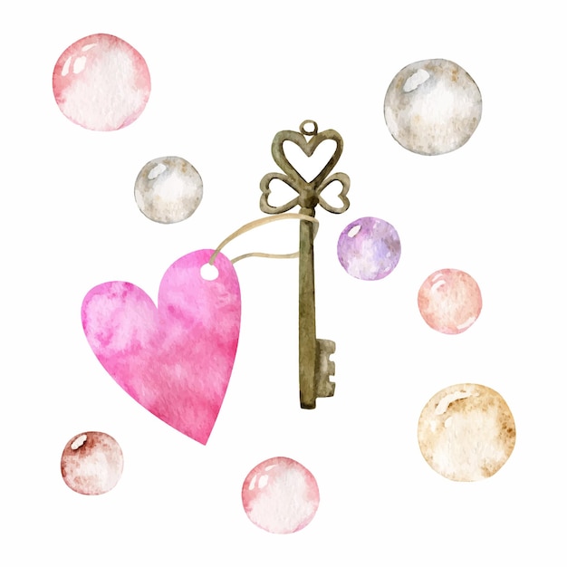 Watercolor hand drawn composition key pastel bubbles and pink heart for Valentine's day Isolated on white background Design for paper love greeting cards textile print wallpaper wedding