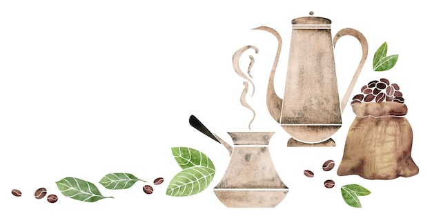 Watercolor hand drawn composition with coffee copper pot cezve jute bag beans leaves cinnamon sticks Isolated on white background For invitations cafe restaurant food menu print website cards