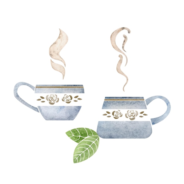 Watercolor hand drawn composition with porcelain capuccino coffee cups leaves foam art top view Isolated on white background For invitations cafe restaurant food menu print website cards