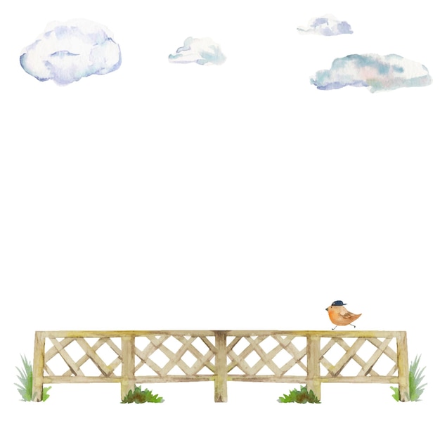 Акварель ручной работы сельский деревянный забор с травяными облаками и птицей на белом фоне шаблон дизайна для открыток, подарочных пакетов, приглашений, текстильных обоев с принтом для детей