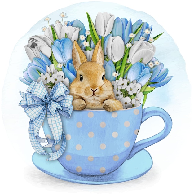 Watercolor hand drawn cute bunny in a tea cup