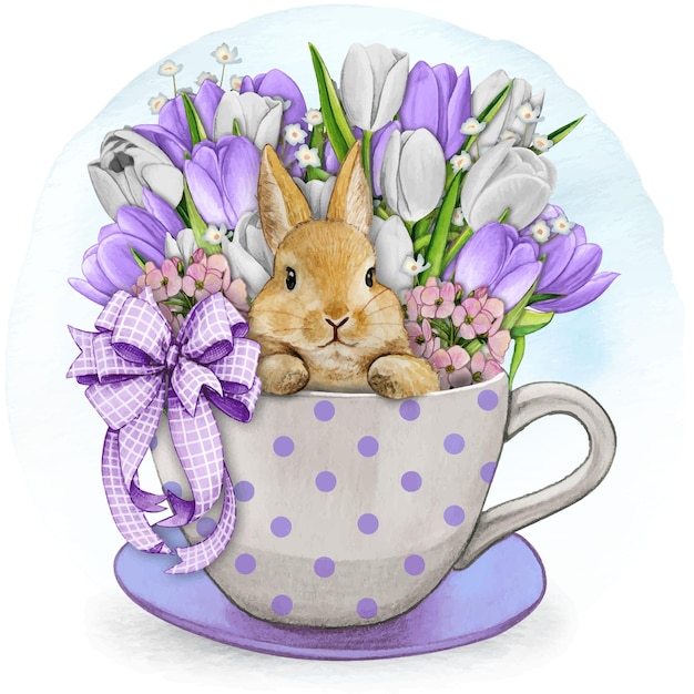 Watercolor hand drawn cute bunny in a tea cup