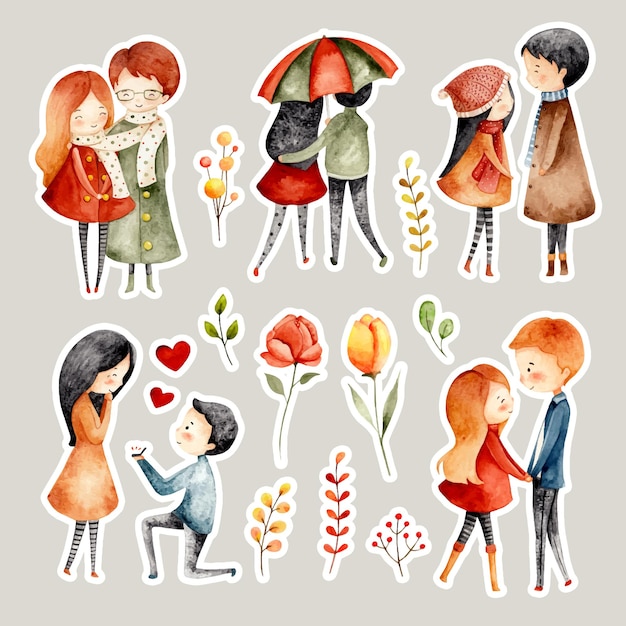 Watercolor hand drawn cute couple sticker