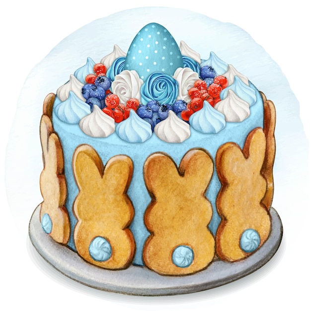 Vector watercolor hand drawn cute easter festive cake with fruit and bunny cookies