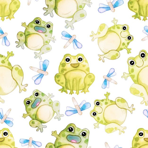 Vector watercolor hand drawn cute frogs with seamless dragonfly pattern