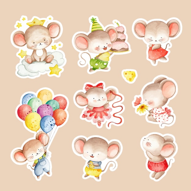 Watercolor hand drawn cute mouse sticker