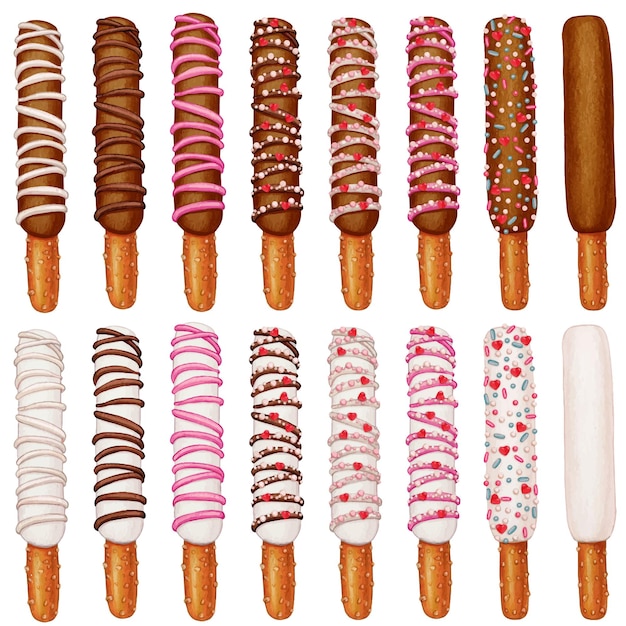 Watercolor hand drawn decorated pretzel sticks covered with chocolate