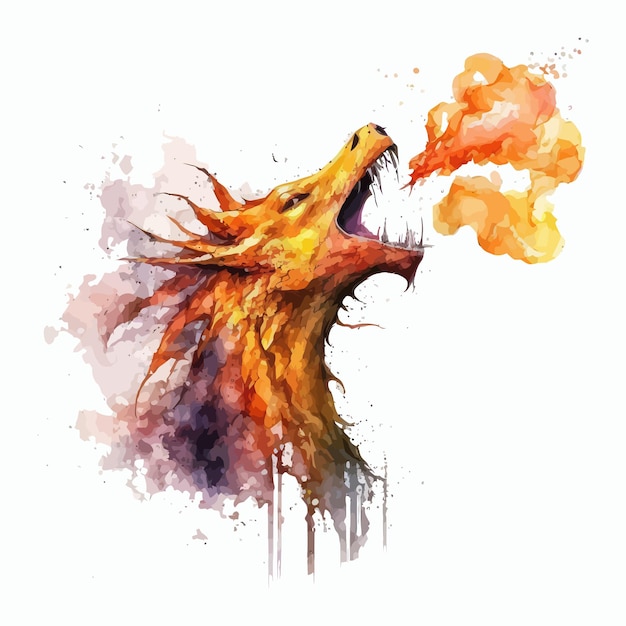 Watercolor hand drawn dragon head spitting fire illustration Handdrawn illustration isolated on white background in boho style