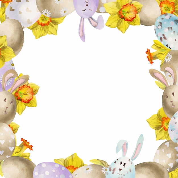 Watercolor hand drawn Easter celebration clipart Border frame with eggs leaves bunnies daffodil flowers Isolated on white background For invitations gifts greeting cards print textile