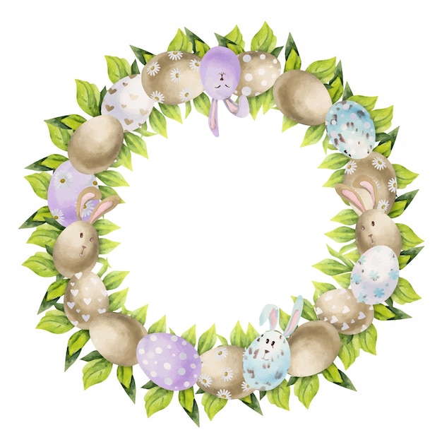 Watercolor hand drawn Easter celebration clipart Circle wreath with eggs bunnies bows and spring leaves Isolated on white background Design for invitations gifts greeting cards print textile