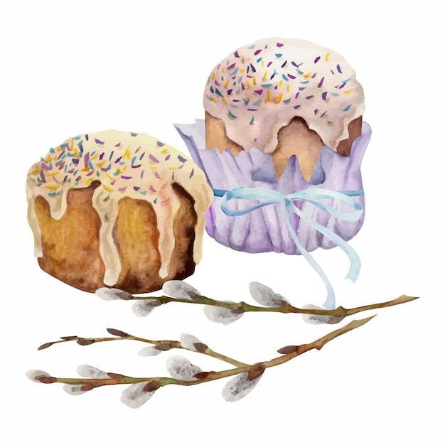 Vettore clipart di celebrazione di pasqua disegnata a mano dell'acquerello composizione di kulich pane primavera narciso fiori foglie isolato su sfondo bianco per inviti regali biglietti d'auguri stampa tessile