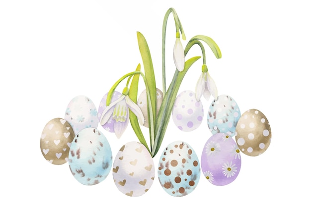 Watercolor hand drawn Easter celebration clipart Composition of painted eggs spring flowers leaves twig Isolated on white background Design for invitations gifts greeting cards print textile