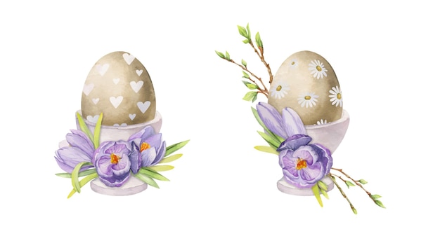 Watercolor hand drawn Easter celebration clipart Painted eggs in porcelain cups with leaves flowers pastel color Isolated on white background For invitations gifts greeting cards print textile