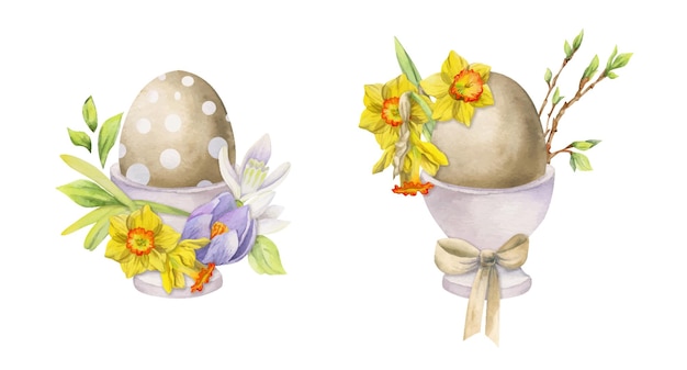 Watercolor hand drawn Easter celebration clipart Painted eggs in porcelain cups with leaves flowers pastel color Isolated on white background For invitations gifts greeting cards print textile