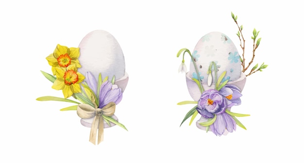 Watercolor hand drawn Easter celebration clipart Painted eggs in porcelain cups with leaves flowers pastel color Isolated on white background For invitations gifts greeting cards print textile