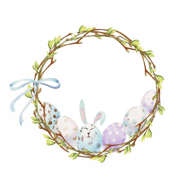 Watercolor hand drawn Easter celebration clipart Pastel circle wreath with eggs bunnies bows and branches Isolated on white background Design for invitations gifts greeting cards print textile