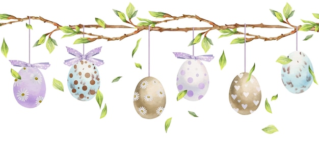 Watercolor hand drawn easter celebration clipart seamless border with garland hanging eggs bows spring leaves isolated on white background invitations gifts greeting cards print textile