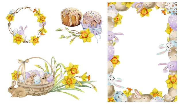 Watercolor hand drawn Easter celebration clipart Set of frames