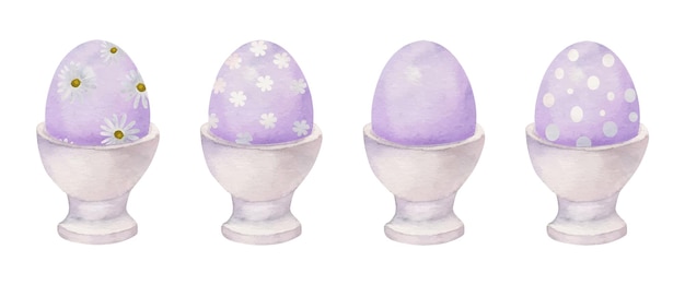 Watercolor hand drawn Easter celebration clipart Set of painted eggs in porcelain cups Pastel color Isolated on white background For invitations gifts greeting cards print textile