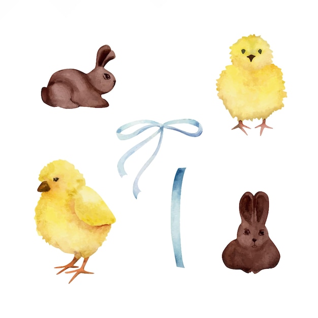 Watercolor hand drawn Easter celebration clipart Set of yellow chicken chocolate bunnies bow Pastel color Isolated on white background For invitations gifts greeting cards print textile