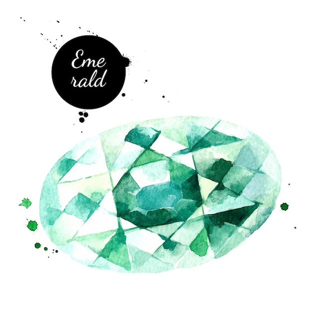 Watercolor hand drawn emerald gemstone crystal mineral illustration vector painted sketch isolated