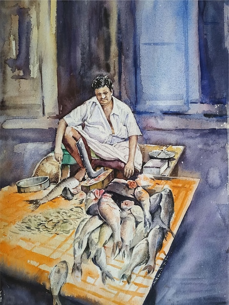 Watercolor hand drawn fish seller work illustration