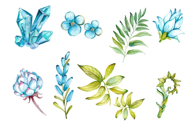 Vector watercolor hand drawn floral and gem set