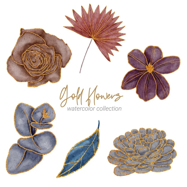 Vector watercolor hand drawn flowers and leaves set.