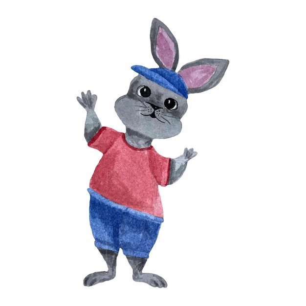 Vector watercolor hand drawn a gray hare a rabbit in blue shorts and a red tshirt