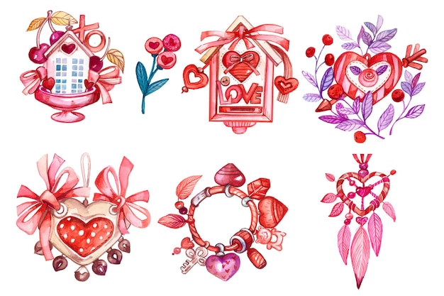 Vector watercolor hand drawn greeting valentine elements