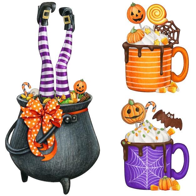 Vector watercolor hand drawn halloween cauldron full of treats and witc