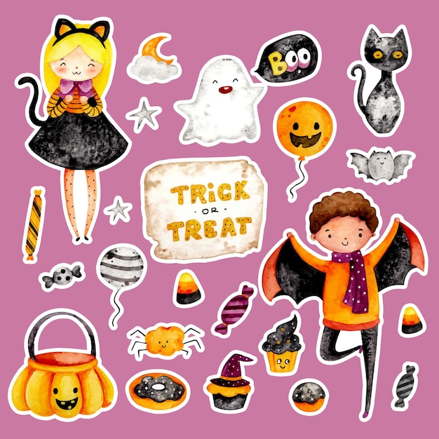 Watercolor hand drawn halloween costume sticker set