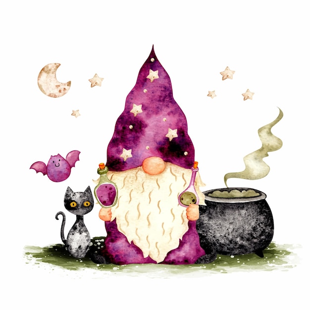 Watercolor hand drawn Halloween gnome