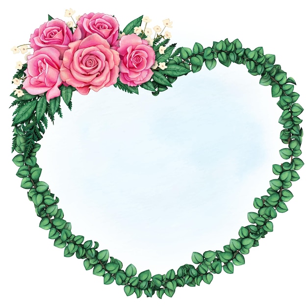 Watercolor hand drawn heart shaped frame with roses