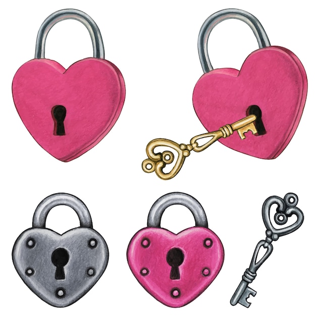 Watercolor hand drawn heart shaped locks and keys