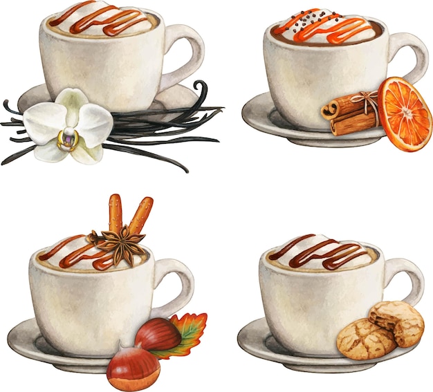 Watercolor hand drawn hot flavoured coffee