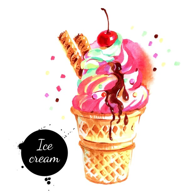 Акварельная иллюстрация мороженого, нарисованная вручную Вектором, вкусный эскиз, изолированный на белом фоне